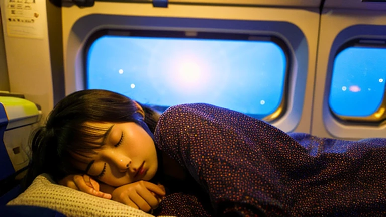Beautiful Japanese girl sleeping,The starry sky is visible from the window of the passenger plane.,