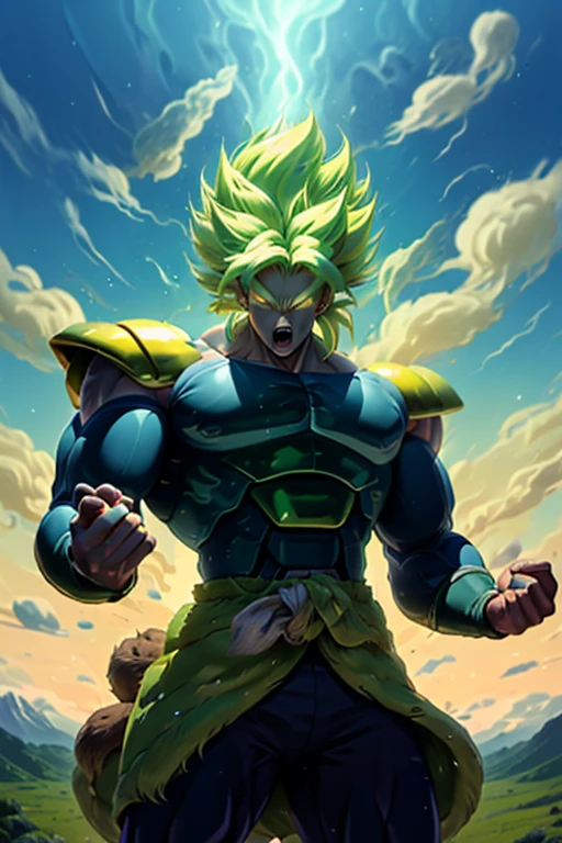 (masterpiece, best quality:1.2), cowboy shot, solo, male focus, 1boy, broly, (muscular:1.2), male, serious, yellow green hair, saiyan armor,hair stand,yellow green halo,white eyes,legendary super saiyan form,hands clenched,dragon ball world,grind teeth





