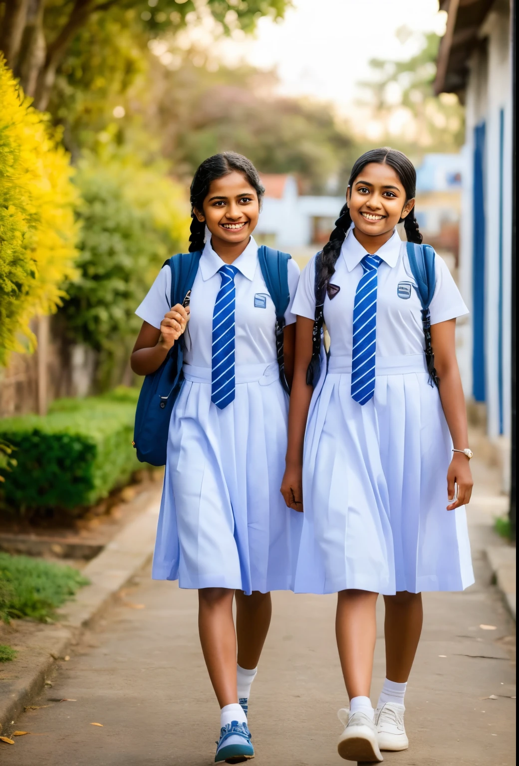 Raw photo, two beautiful Sri Lankan teen schoolgirls, with plaited hair, both coming towards the camera in a school walkway in a joyful happy mood, wearing white frocks and blue color ties, white shoes, with school backpacks, professional photographer, (hdr:1.4), masterpiece, ultra-realistic 8k, perfect artwork, intricate details, cute face, award winning photograph, (Best quality, 8k, 32k, Masterpiece, UHD:1.3)