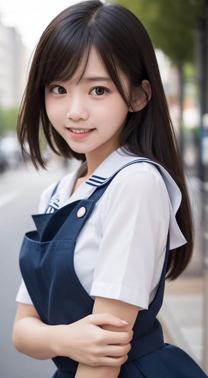 masutepiece, Best Quality, 8K, 10yaers old, Teen, Raw photo, absurderes, award winning portrait, Smile, Solo, Idol face, violaceaess, Delicate girl, Upper body, Digital SLR, Looking at Viewer, Candid, Sophisticated,Thin arms, Professional Lighting, Film grain, chromatic abberation, (Eyes and faces with detailed:1.0), (Bokeh:1.1) , (Sailor Uniform,pinafore:1.1) , closes mouth , a bed