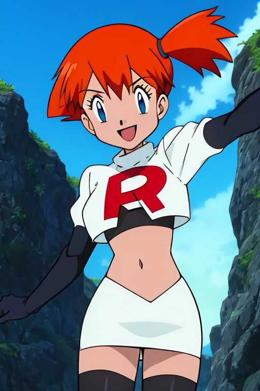 Masterpiece, Best Quality, High resolution, and women, Perfect body,Thick Fog (Pokemon Ketchum), Orange Hair, solo, Side Ponytail, Orange Hair, Short Hair,Smile, Cowboy Lens,Big Tit Bikini,Outdoor,Team Rocket,Team Rocket uniform, Red letter R, White Skirt,White crop top,Black thigh-highs,Black elbow gloves, Vertical belly button