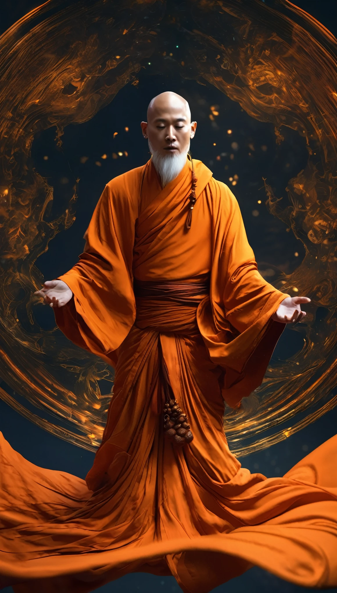 fantasy, abstract, (best quality,4k,8k,highres,masterpiece:1.2),(floating Monk), mechanical monk, levitating in the air while meditating, orange robes, flowing fabric, calm expression on the monk's face,