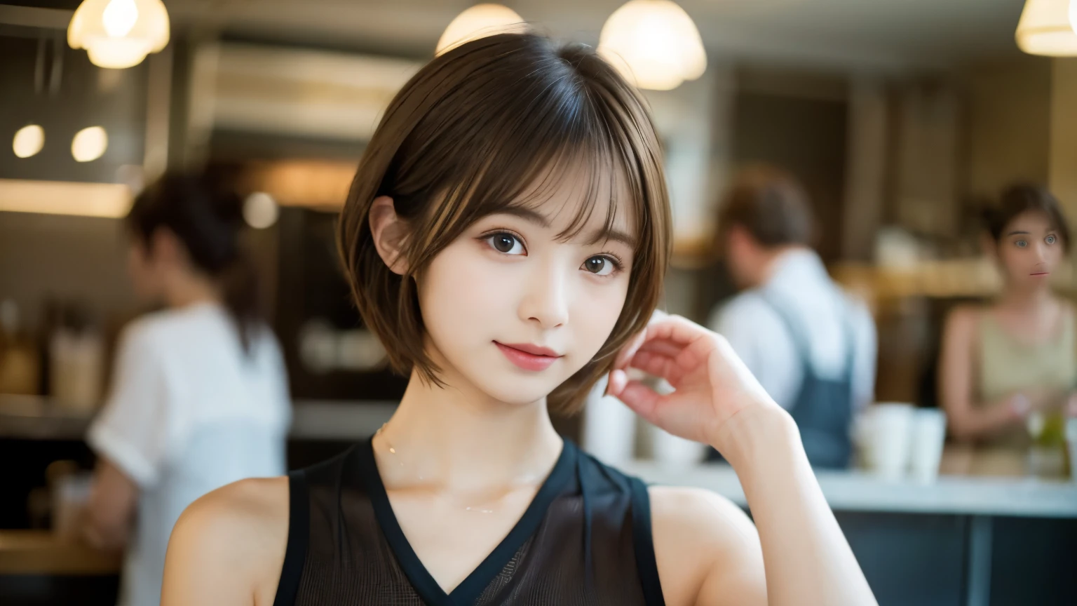 super high quality, Short Hair, Slender, Gravure photoshoot, The staff is working at the counter in the back., (8k、RAW Photos、highest quality、masterpiece:1.2), Japanese Idol, Shaggy, Sportswear, Stylish café, (Realistic、Photorealistic:1.37), Mesh Hair, Normal , Urban Cafe, Golden Ratio, Raw photo, Cute face , Light Brown Hair, Bright cafe interior, Blurred Background, Spring Clothes, A sweet expression, Watching the audience, Beautiful hairstyle, 20-year-old, Hair blowing in the wind, Neat clothes, 
