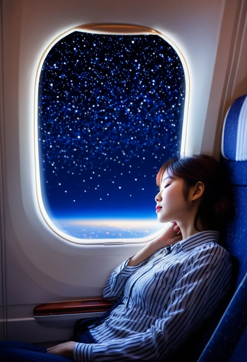Beautiful Japanese girl sleeping,The starry sky is visible from the window of the passenger plane.,