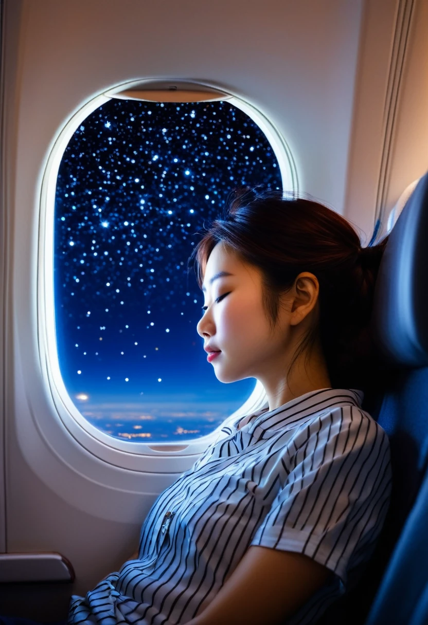 Beautiful Japanese girl sleeping,The starry sky is visible from the window of the passenger plane.,