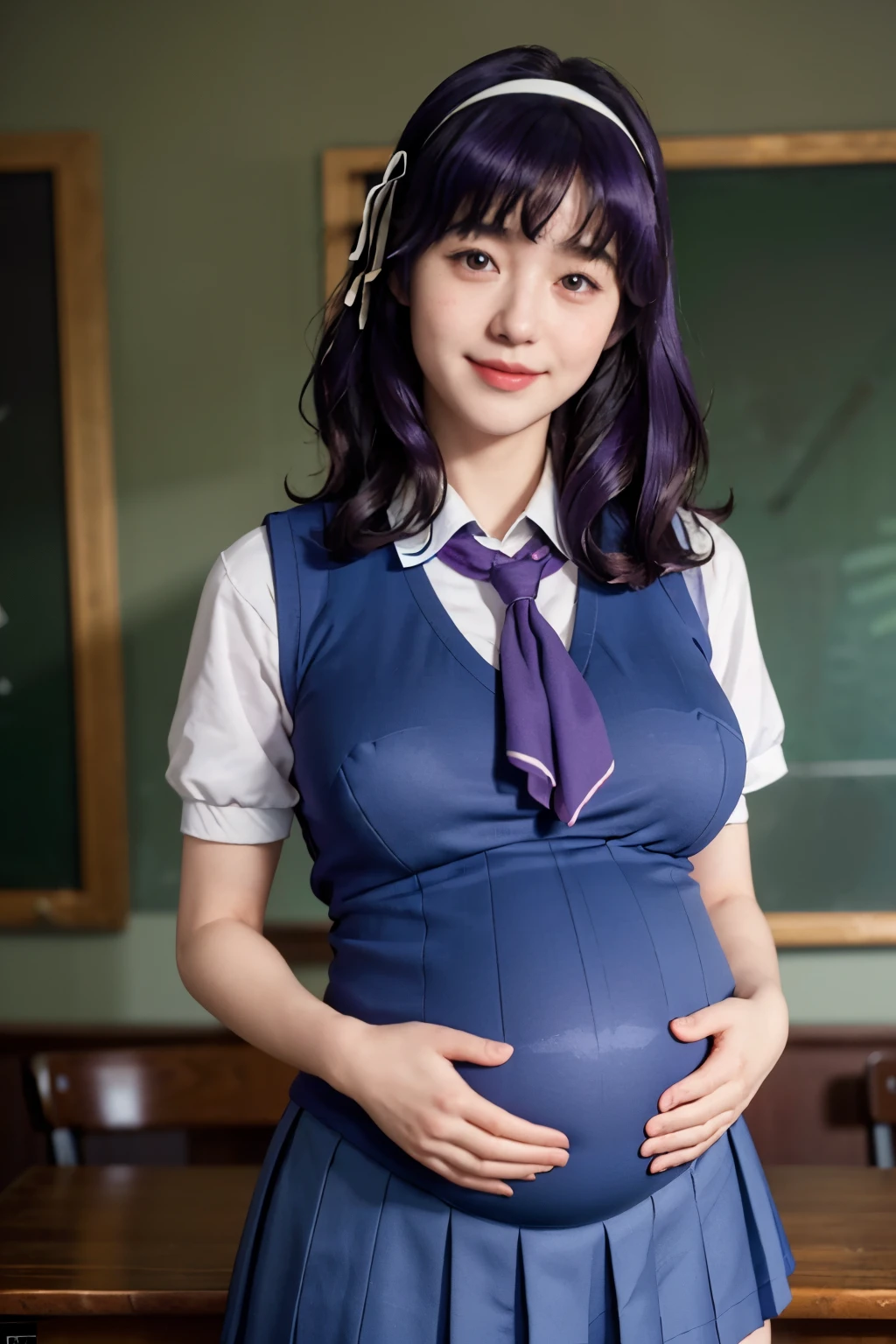 (best quality:1.1), (masterpiece:1.4), (absurdres:1.0), portrait,
1girl,yamanobe tomo, purple hair, red eyes, medium hair, huge breasts, ((huge pregnant)), (school uniform:1.3), blue skirt, hairband, looking at viewer, classroom, (blush:1.1),on d850 film stock photograph 4 kodak portra 400 camera f1.6 lens rich colors hyper realistic lifelike texture dramatic lighting unrealengine trending on artstation cinestill 800 tungsten, smile