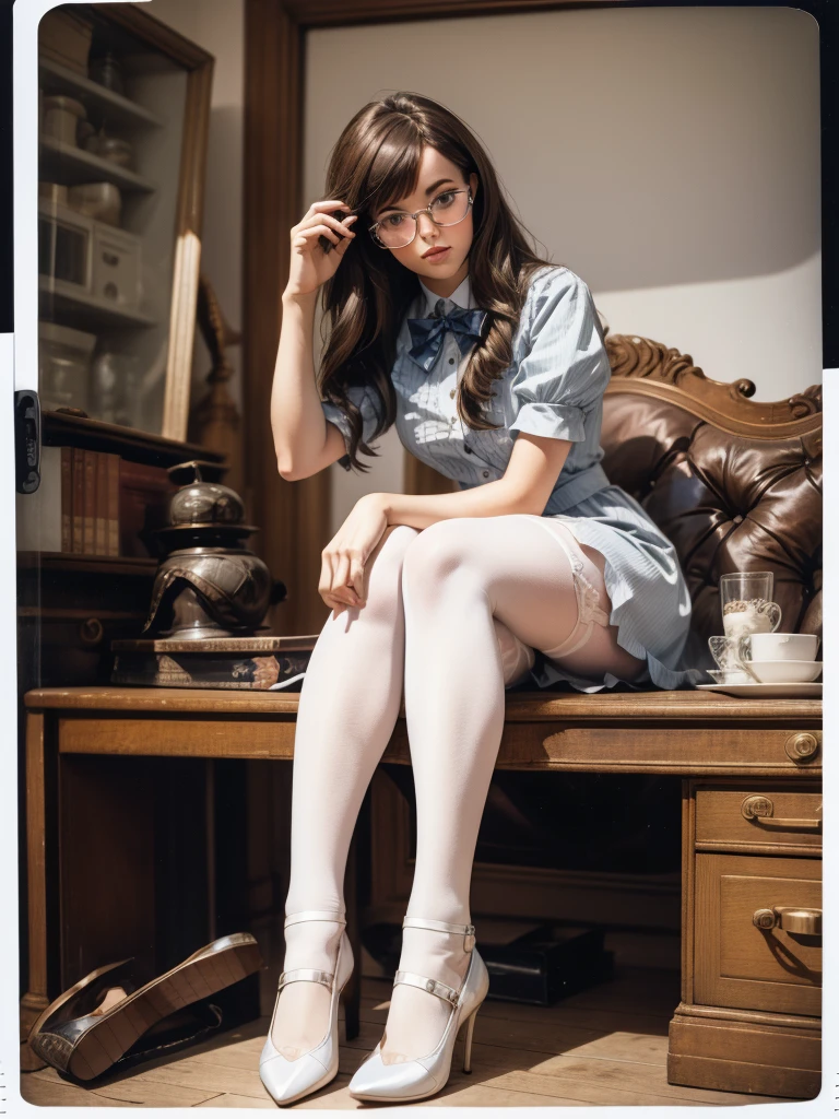 ((Detailed eyes)), mary jane shoes, full body, sit on desktop, white stockings, glasses, cute body, cute face, alice in wonderland, happy, brunette, photorealistic polaroid