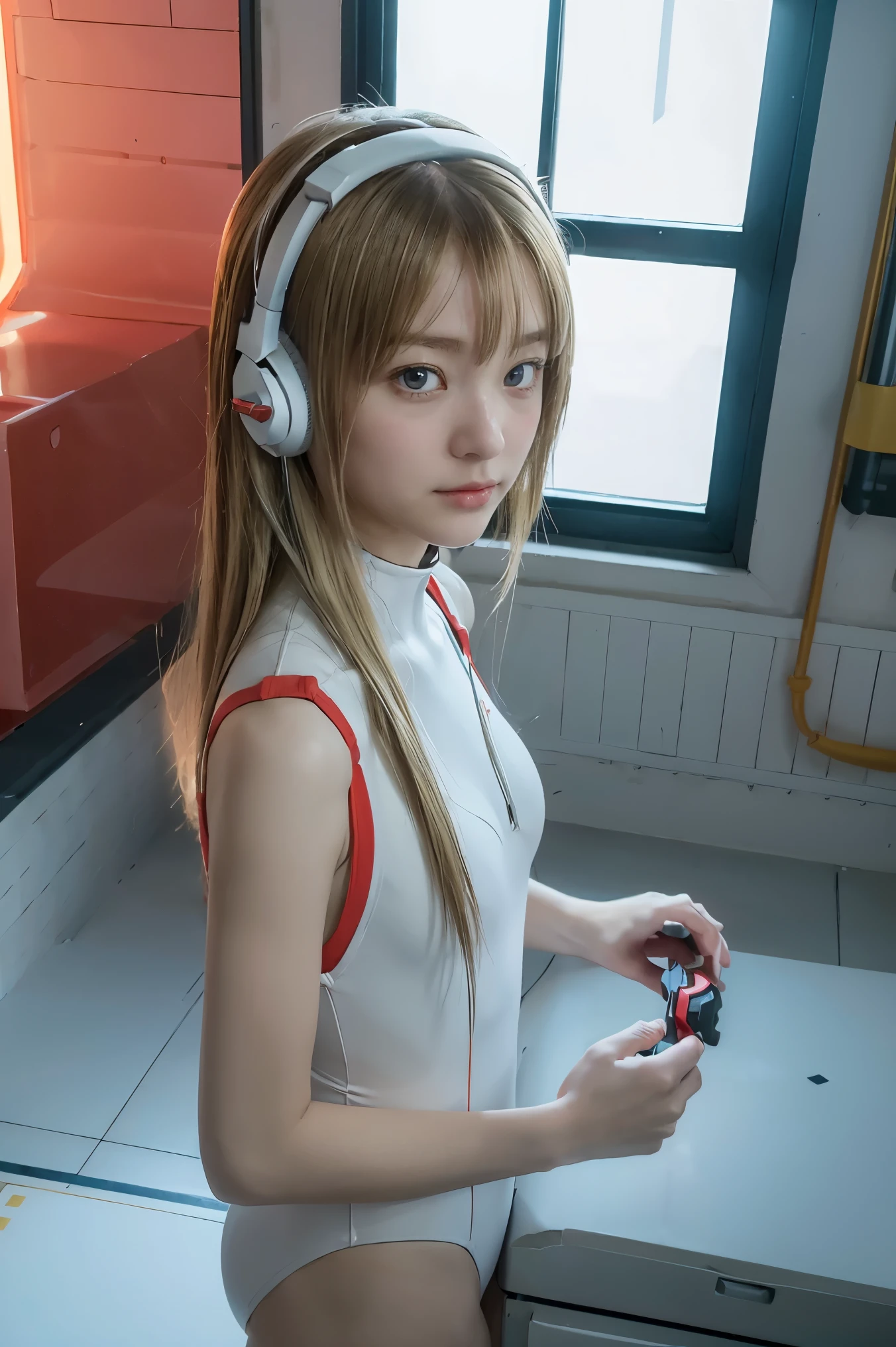 (Overhead view),dynamic angle,ultra-detailed, illustration, close-up, straight on, 1girl, ((souryuu asuka langley, interface headset, red bodysuit:1.4, blonde)),Her eyes shone like dreamy stars,(glowing eyes:1.233),(beautiful and detailed eyes:1.1),(expressionless,closed mouth),(standing), (mechanic room with toolsand spaceship windowin a white SPACESHIP), (night:1.2),dreamy, [[delicate fingers and hands:0.55]::0.85],(detail fingers),