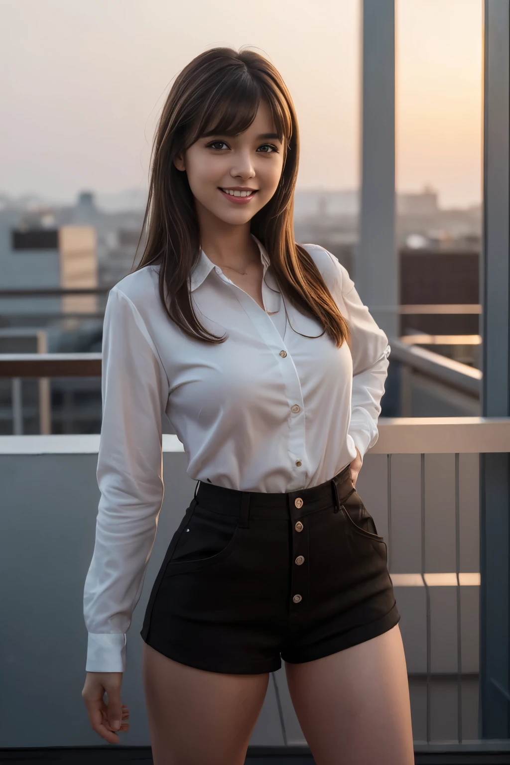 A rooftop deck at night. A beautiful 32 year old slightly drunk white female with long straight light brown hair with bangs, hazel eyes and red lips wearing a long sleeved white button up shirt as a dress and short black velvet booty shorts.((amazing legs: 1.3)) ((beatiful woman :1.3)) ((random sexy pose:1.3)) best quality,masterpiece,ultra high res,(photorealistic:1.4),raw photo,(Authentic skin texture:1.3),(film grain:1.3),character portrait,very wide shot,narrow waist,(in the dark, deep shadow, low key, cold light,) night, dust,Tyndall effect,(expression),1girl,beautiful detailed eyes and face brown eyes,((brown hair:1.2)) ((full body:1.3)) ((smile:1.3))
