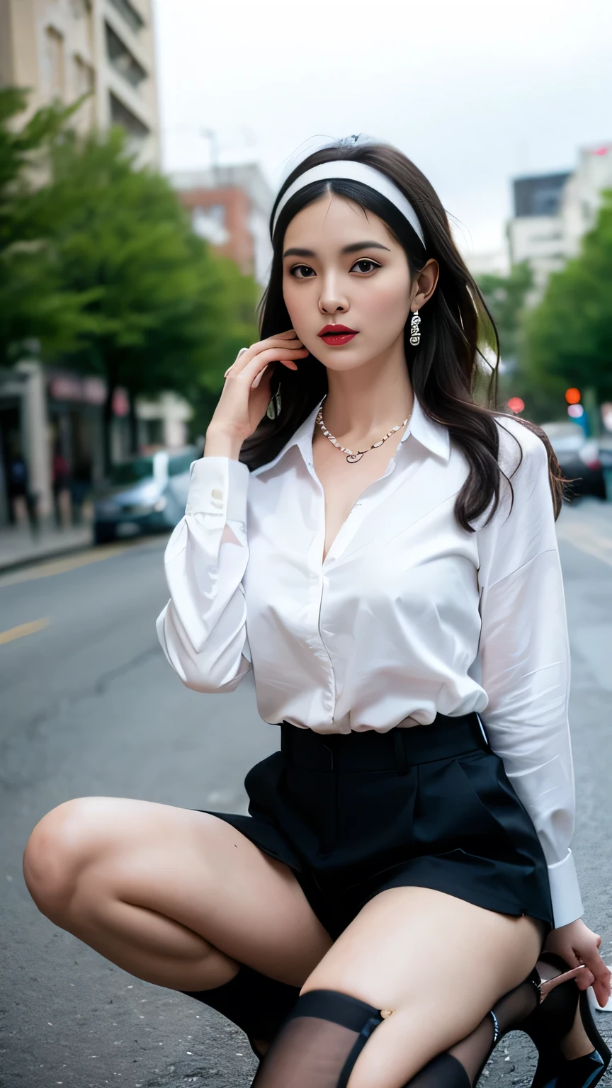 Sophisticated, masterpiece, beautiful details, colorful, fine details, delicate lips, intricate details, big breasts, 1 female, (a beautiful 20 year old cute Korean female: 1.1), (kpop idol, mixed Korean), ( 50mm Sigma f /1.4 ZEISS lens, F1.4, 1/800s, ISO 100, photograpy:1.1), (ponytail+black hair:1.2), (photorealistic:1.4), (spy:1.2), (open jacket, shirt, skirt, tie, black pantyhose, christian louboutin\(brand\),: 1.3), earrings, necklace, armband, (tavern, bar: 1.2), (beautiful legs, tall girl, skinny, slim_legs, thigh_gap, model :1.2), lens flare, viewed from the front, (happy smile: 1.1), dynamic pose, (makeup: 1.2), sitting on a bar stool,
