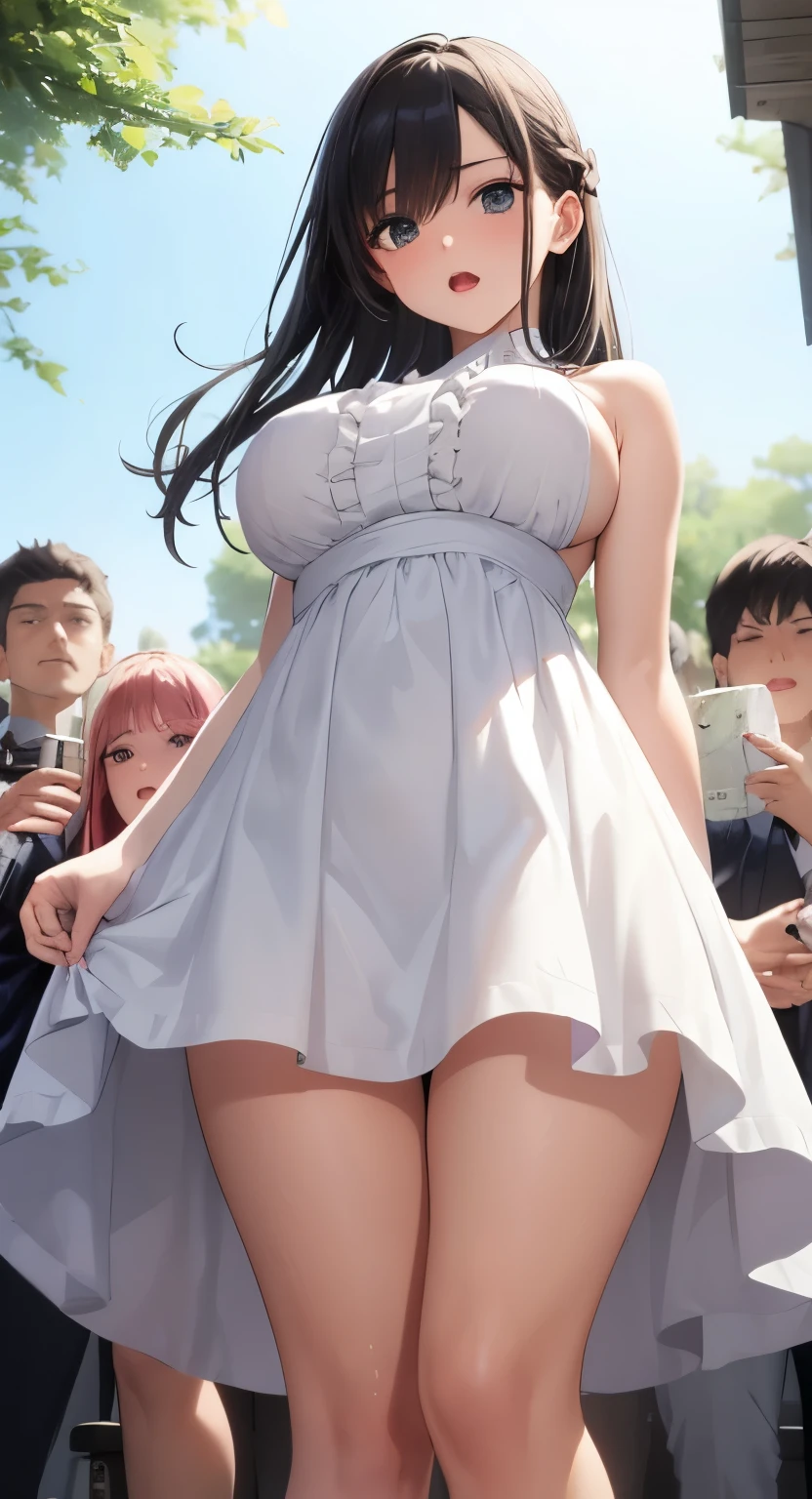 Big Breasts:1.5、、highest quality、Very detailed、Highly realistic eye masterpiece、highest quality、Very detailed、Gray Hair、Perfect Face、Long Hair、White Dress、Sundress、anime、countryside、clear、thin、From below、Frills、Pussy、真From below、Love Juice、Big Breasts、crowd、large number of people々、Pee、urination