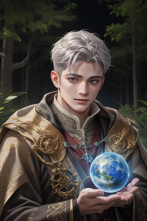 (Absurdres, Intricate Details, Masterpiece, Best Quality, High Resolution, 8k), 1 male, masculine, young, aged up, dreadful, finely detailed eyes and face, gray short back and sides hair, black eyes,  portrait,  looking at viewer, solo, (full body:0.6), detailed background, (RootsBranchesAI theme:1.1) glowing eyes, gentle smile,   high fantasy, cleric, casting healing spell,  hovering in air,  color cape, earth magic sphere, divine spell, earth magic, ancient forests background,  tiara of light hovering above head, , Depth of Field, VFX.