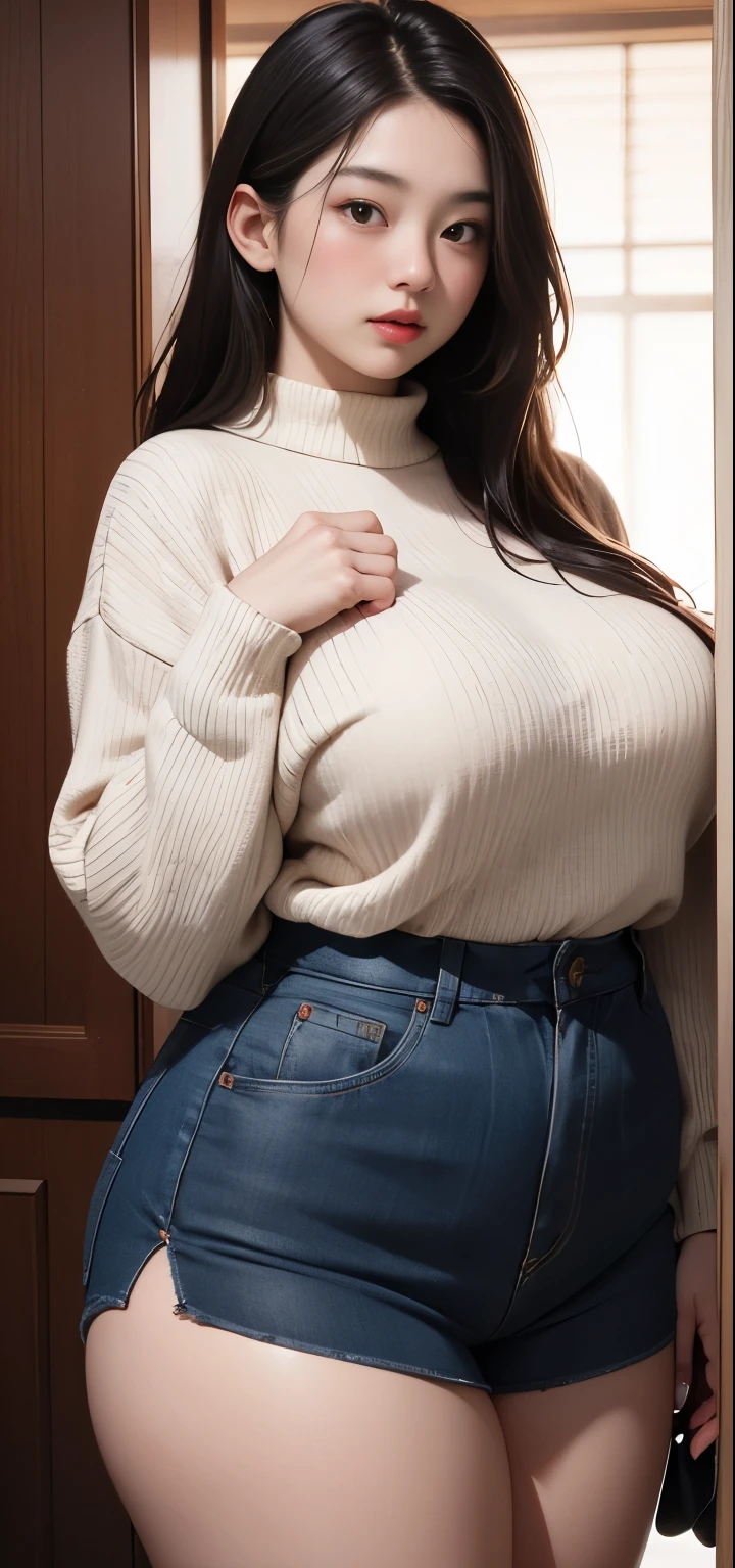 (Best quality,8k,ultra high res:1.2),(Pretty Japanese girl),(Huge breasts:0.8),(sweater), (thick thighs:0.9), (obese body)