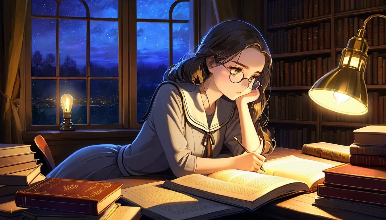 Masterpiece, Best quality, 1girl, Cozy corner, Jumble of books, Profound study, Desk lamp, Yellow glow, Peaceful ambiance, Quiet night, Window, Tranquil countenance, Intensity of concentration, Composed posture, Inquisitive eyes, Subtle tilt, Nimble fingers, Timeworn margins, Sultry aura, Silent focus, Deep in thought, Scholar, Old world wisdom, Intellectual, Thoughtful, Pensive, Well-read, Intellect, Knowledgeable, Wisdom seeker, Glimpse into the mind, Soaking up the knowledge, Absorbing the information.
A girl, enscon,evening,