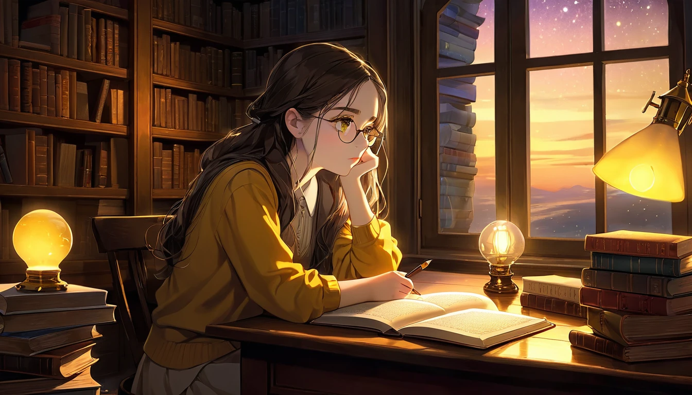 Masterpiece, Best quality, 1girl, Cozy corner, Jumble of books, Profound study, Desk lamp, Yellow glow, Peaceful ambiance, Quiet night, Window, Tranquil countenance, Intensity of concentration, Composed posture, Inquisitive eyes, Subtle tilt, Nimble fingers, Timeworn margins, Sultry aura, Silent focus, Deep in thought, Scholar, Old world wisdom, Intellectual, Thoughtful, Pensive, Well-read, Intellect, Knowledgeable, Wisdom seeker, Glimpse into the mind, Soaking up the knowledge, Absorbing the information.
A girl, enscon,evening,