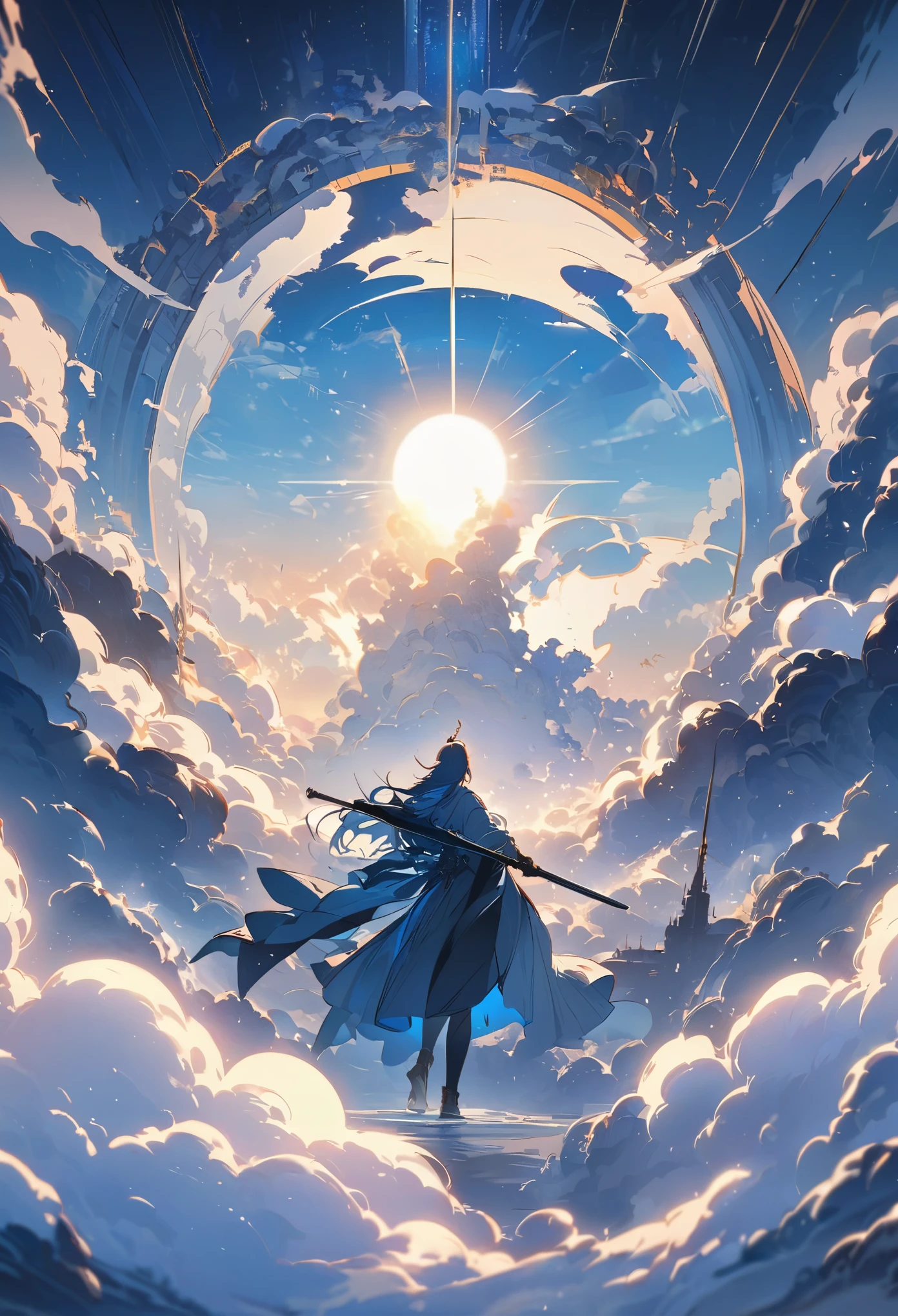 in the center, 1king hold a big sword by 2hands, backgroud is fog and sun, an unicorn is flying behind ,all of this is in blue and silent atmosphere