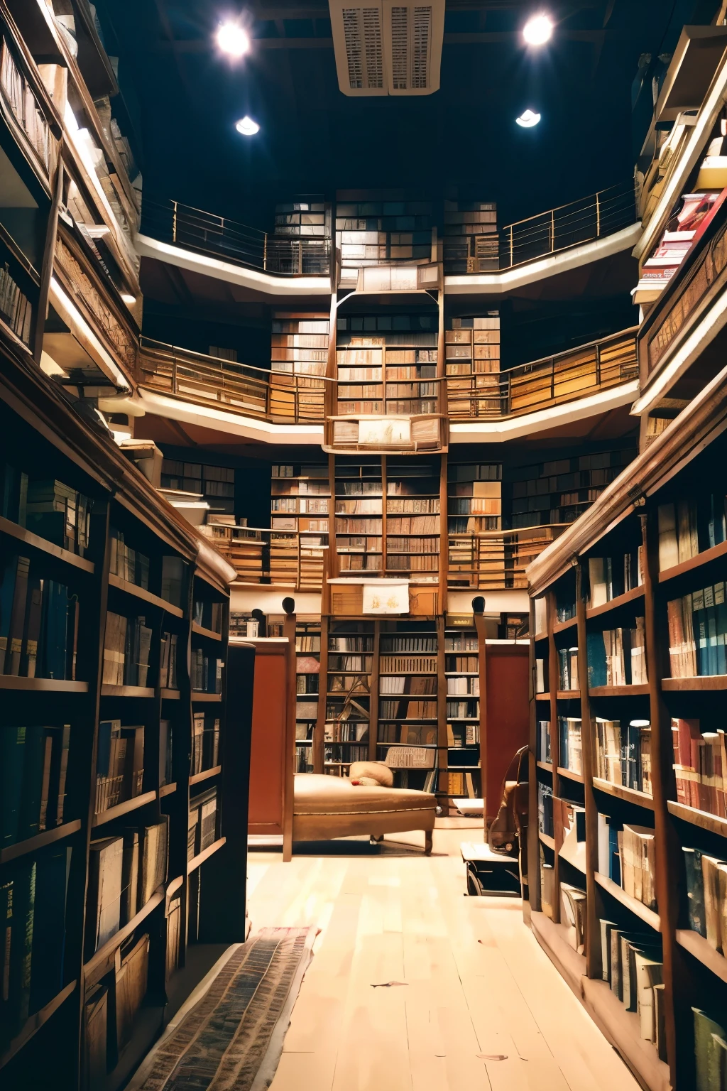 （（（masterpiece、Best image quality、highest quality、Highly detailed Unity 8ｋwallpaper）））、（（（Fantasy、large library）））、（A large number of books、lined bookcase、stage、３Storey）、High ceilings、Dimly lit room、A messy floor with piles of books
