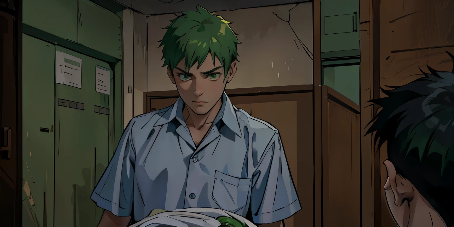 There is a 16-year-old boy with green hair, green eyes, intimidated with fear, he speaks nervously with his gaze downcast, he looks at the floor with sadness and fear.
