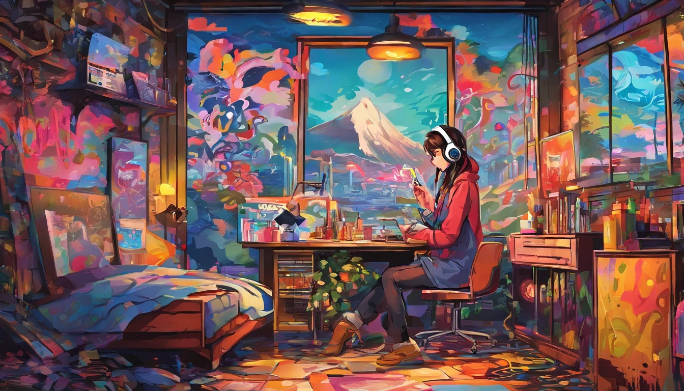 Oil Style、masterpiece, highest quality, Movie stills, chili, Warm and soft lighting in the middle of the night, Late Night、Old Scandinavian Room、Large windows、It's raining outside、Painting、(High school girl wearing headphones:1.3)、sitting on a chair listening to music、profile