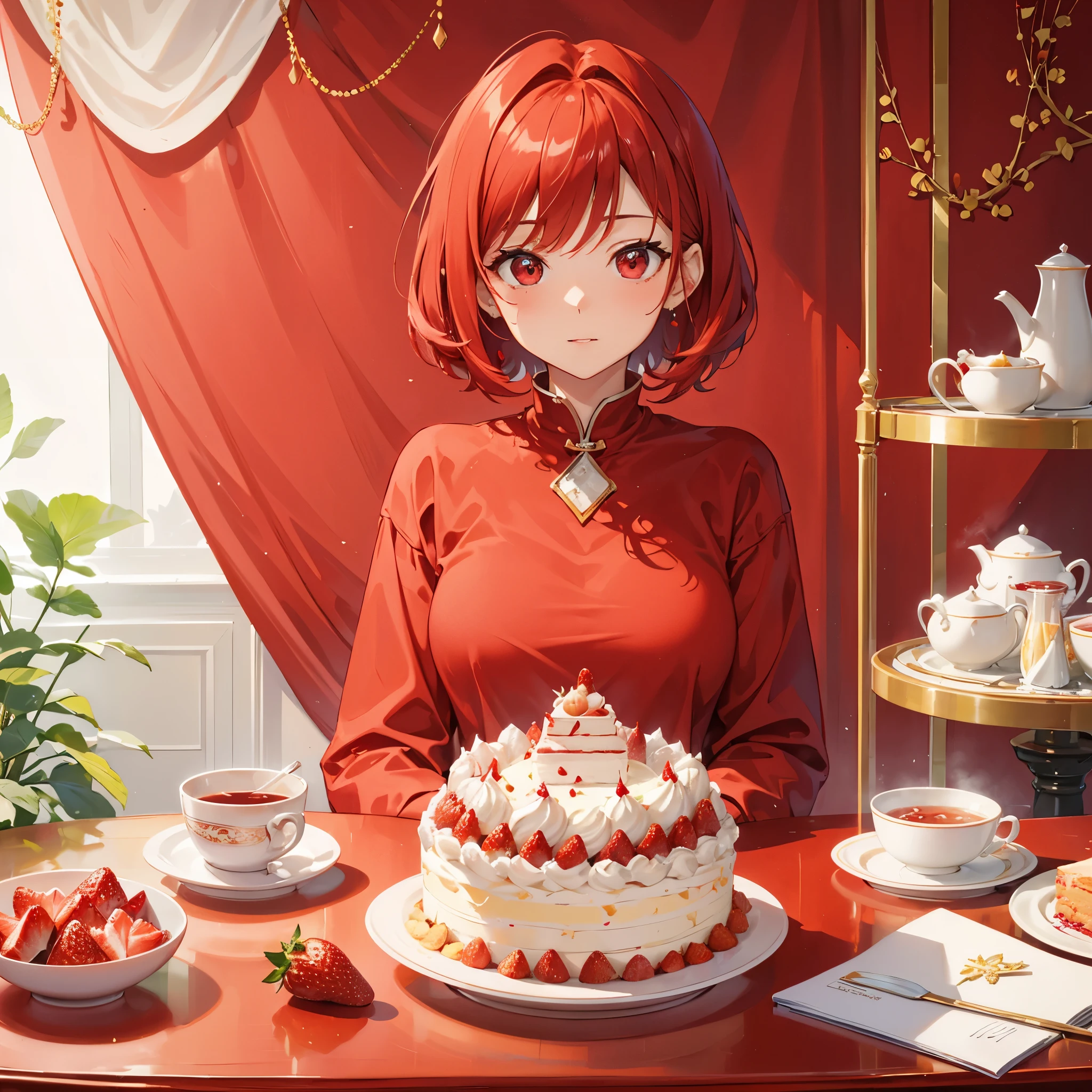 Top quality, masterpiece, red table with large amount of strawberry cake, woman eating strawberry cake, sitting facing you, red short hair, red eyes, wearing red t-shirt,
