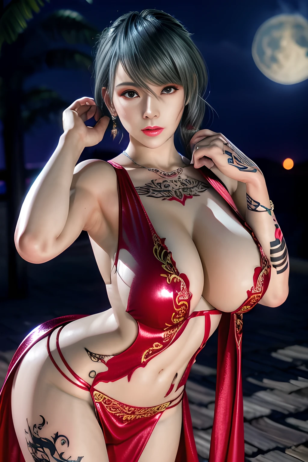 1 girl,lean over WINK, (dark red Wedding Dress,see-through), nighttime,moon,( huge breasts:1.1),cleavage,shiny skin,lip gloss,( tattoos:1.2), masterpiece, best quality, realistic ,Surrealism,Rich artistic colors,natural colors art in 8k,3D,Portrait art,solo, tamaki