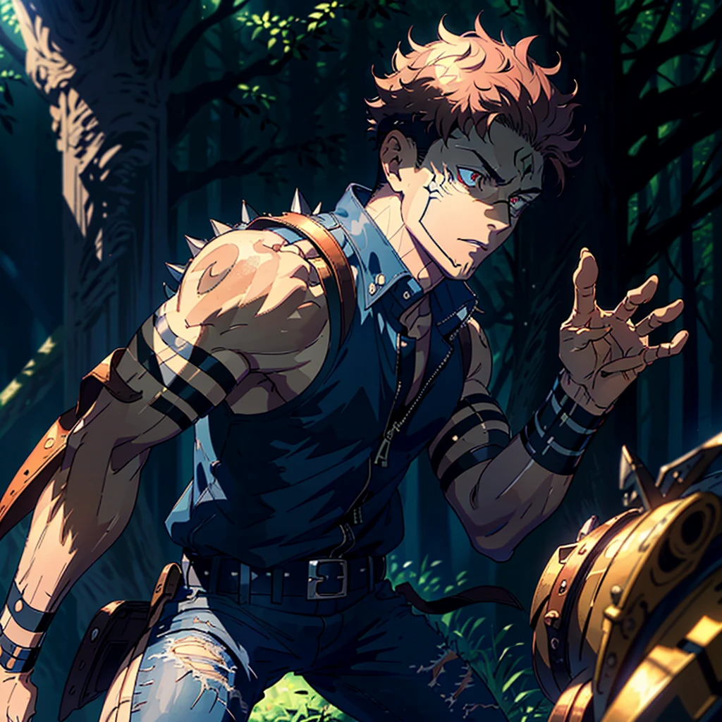 (Masterpiece), High Quality, 1boy, Anime, Hunter, Too mentally strong, Knight, God Hand,
(Realistic rendering), (Detailed facial features), (Sharp, angular jawline), (Messy, spiky hair), (Expressive, fiery eyes),
(Wearing a sleeveless, leather hunter's vest), (Equipped with a God Hand weapon), (Dynamic lighting), (Depth of field),
(Detailed, intricately designed armor), (Cinematic poses), (Dramatically lit scenes), (High contrast shadows),
(Adventurous backdrop with lush, verdant forests), (Steely gaze, focused