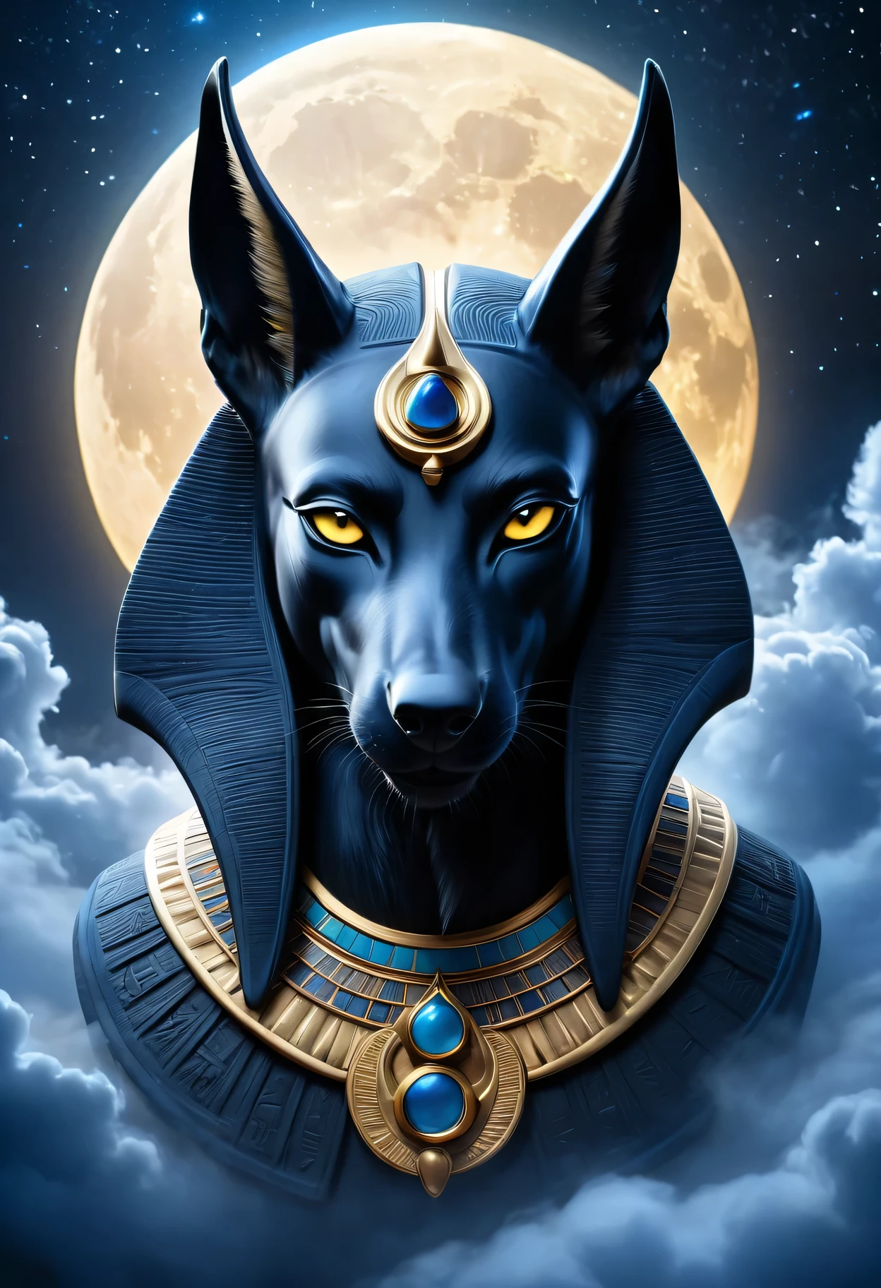 (best quality,4k,8k,highres,masterpiece:1.2),ultra-detailed,realistic,nighttime mystery of Anubis floating in the clouds,moonlit clouds swirling, ethereal, dark and enigmatic, intricate hieroglyphs ,deep blue tones with hints of silver and gold,moonlight casting an ethereal glow on the surroundings,eerie yet mesmerizing,subtle glow emanating from Anubis' eyes, mystical and alluring,stars twinkling in the deep night sky,dreamlike ambiance,subtle mist enveloping the floating scene, adding an element of mystery, capturing a sense of otherworldliness,intricate attention to detail,bringing out the true essence of Anubis,exuding a strong sense of power and divinity, invoking a feeling of reverence and awe