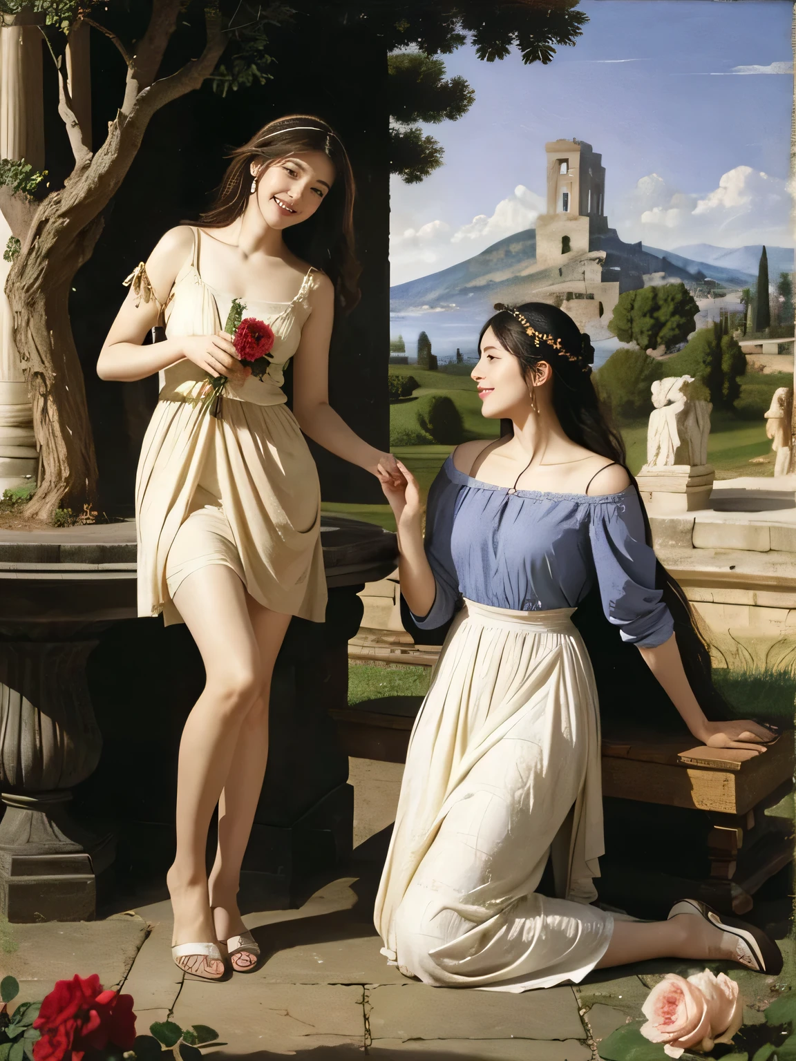 full body portrait or statue、Giorgione painting style,Arguments of two female Philosophe,math、astronomical machine、astronaut、roses in vase、fruits、Cute trinkets、smile、ancient greek costume、Ancient Roman landscape in the style of Nicolas Poussin,laughter,,Sweet and seductive appearance.、Caravaggio's paintings、Chiaroscuro of Caravaggio、hair tousled by the wind,Two women frolicking,cute smile, expression of ecstasy,Sexy,erotic,