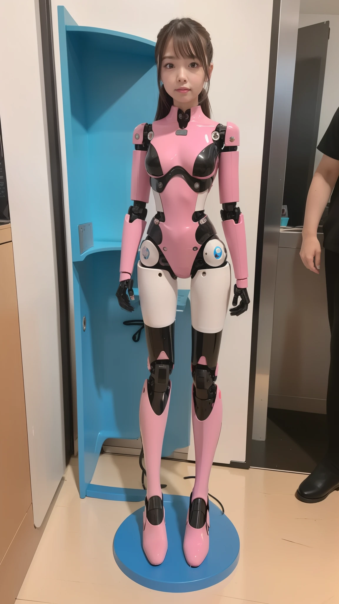 masterpiece, best quality, extremely detailed, (8K, 4K, Best Quality, Hight resolution, 超A high resolution:1.1), 8K portrait,1girl in, Japanese android girl, android teacher, control panels, android, Droid, Mechanical Hand, ,Robot arms and legs, Black hair, Mechanical body, Blunt bangs, Pink Robotics Parts, perfect robot woman, Charging spot, Long Tube, A thick cable was connected to her neck, ceramic body , android, robot humanoid, panty, full eyes, perfect mechanical body, pink robotics body, future assembly plant, Pink body, She has repaired, lack sponge joints, android assembly plant, android, laboratory, platform boots, perfect machine body, pink robot body