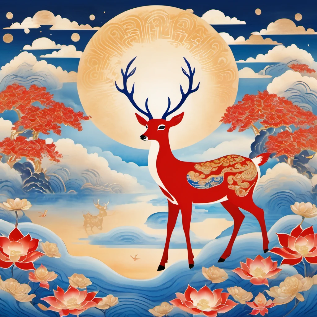 Dunhuang art style illustration,a magnificent nine-colored deer surrounded by auspicious clouds ,（The deer was shining with stars：1.36） Standing in the lotus pond ,extremely delicate brushstrokes, soft and smooth, China red and indigo, golden background