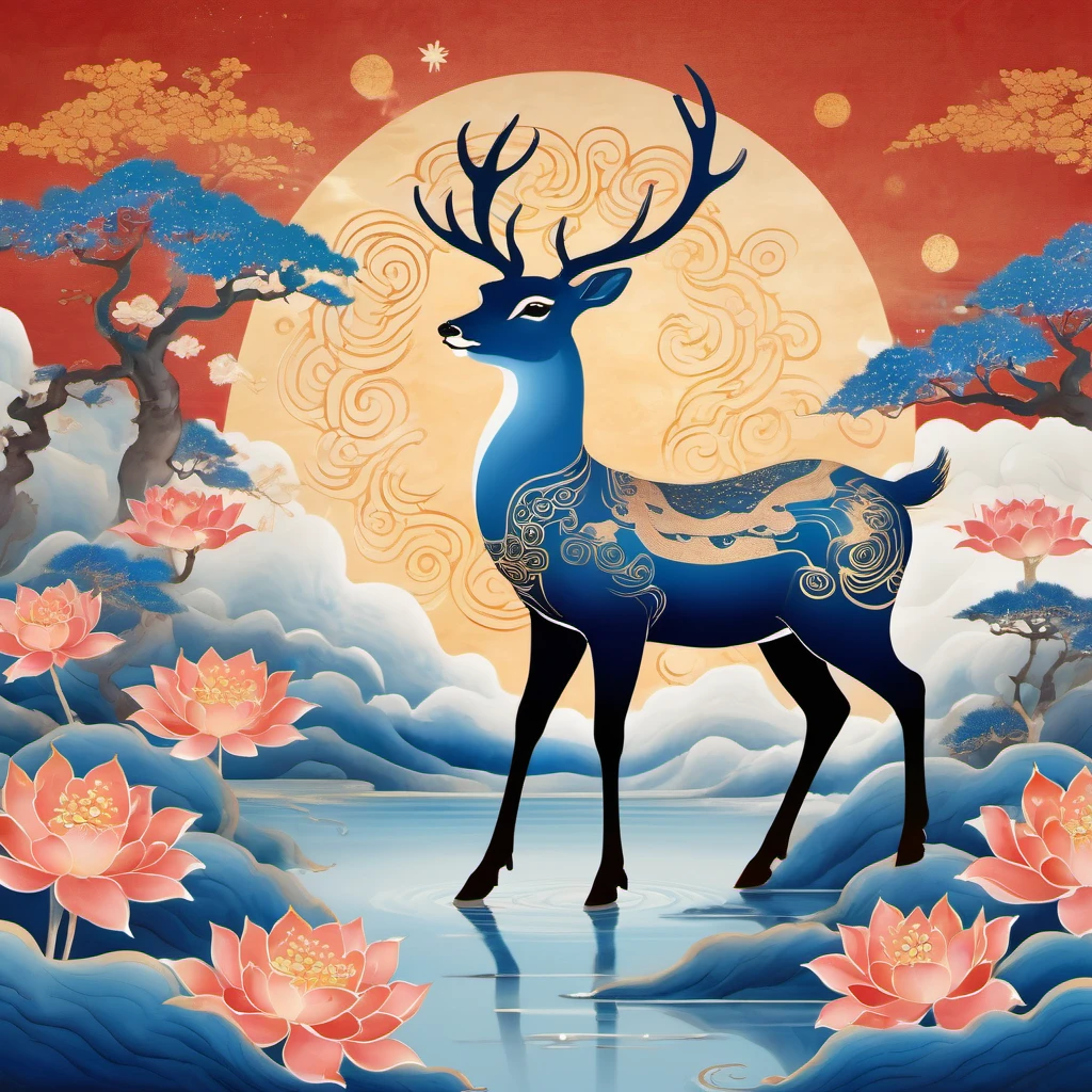 Dunhuang art style illustration,a magnificent nine-colored deer surrounded by auspicious clouds ,（The deer was shining with stars：1.36） Standing in the lotus pond ,extremely delicate brushstrokes, soft and smooth, China red and indigo, golden background