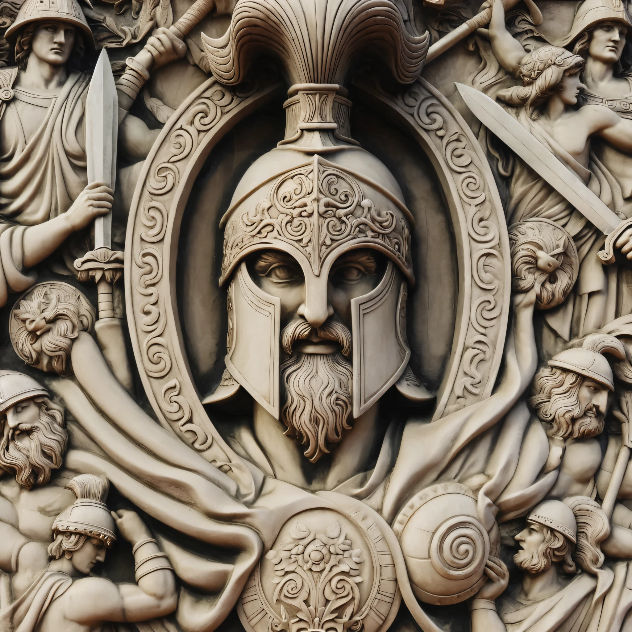 a close up of a sculpture of a man with a helmet and a sword, а fantasy proto-slavic mythology, stone relief, highly detailed sculpture, slavic mythology, bas relief, royal relief, relief sculpture, low - relief stone sculpture, architecture carved for a titan, goddess. extremely high detail, detailed and intricate image, bas - relief