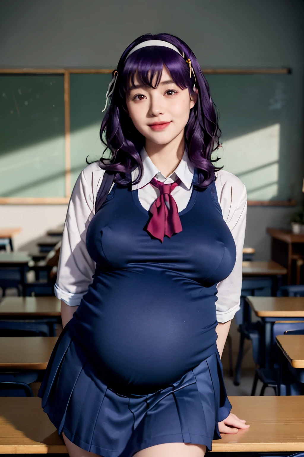 (best quality:1.1), (masterpiece:1.4), (absurdres:1.0), portrait,
1girl,yamanobe tomo, purple hair, red eyes, medium hair, huge breasts, ((huge pregnant)), (school uniform:1.3), blue skirt, hairband, looking at viewer, classroom, (blush:1.1),on d850 film stock photograph 4 kodak portra 400 camera f1.6 lens rich colors hyper realistic lifelike texture dramatic lighting unrealengine trending on artstation cinestill 800 tungsten, smile