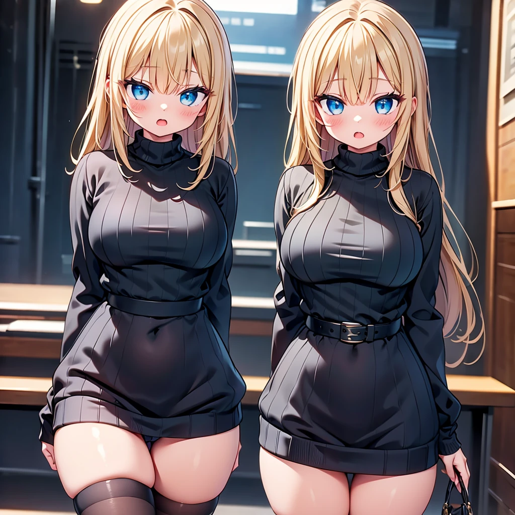 (cute eyes:1.2), (sparkling eyes:1.2), highest quality,wonderful,finely,extremely detailed CG Unity 8K wallpaper, (girl, cute eyes,clothed), virgin killer sweater, (sweater dress:1.2), (ribbed sweater,sideboob, turtleneck sweater,(black sweater:1.3),(midium breasts), (open mouth:1.1), (long tongue:1.1), (mouth drool:1.1), (black stockings:1.1),(Thighs:1.2),(Waistline:1.3)