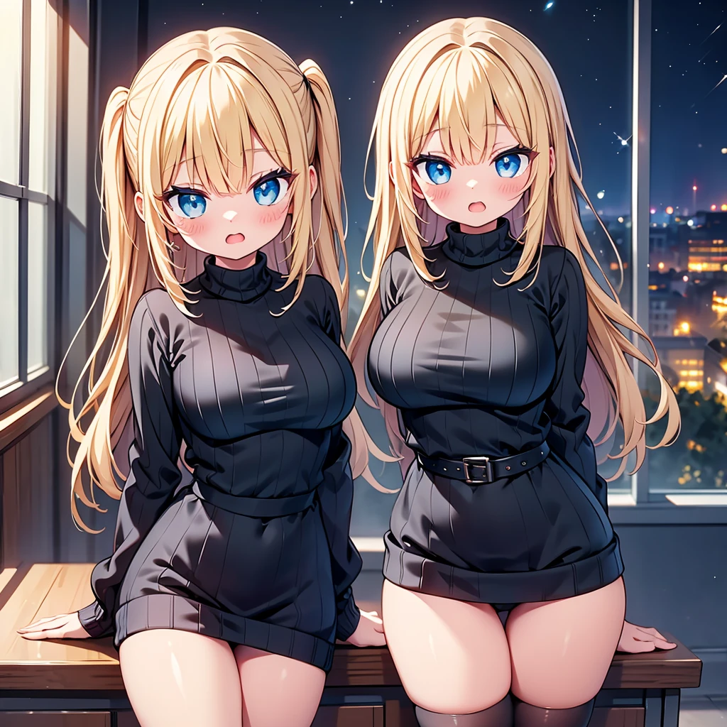 (cute eyes:1.2), (sparkling eyes:1.2), highest quality,wonderful,finely,extremely detailed CG Unity 8K wallpaper, (girl, cute eyes,clothed), virgin killer sweater, (sweater dress:1.2), (ribbed sweater,sideboob, turtleneck sweater,(black sweater:1.3),(midium breasts), (open mouth:1.1), (long tongue:1.1), (mouth drool:1.1), (black stockings:1.1),(Thighs:1.2),(Waistline:1.3)