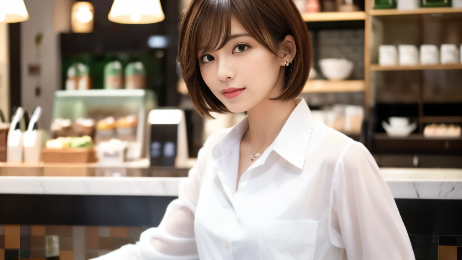 super high quality, Fashion Model, Short Hair, Slender, The staff is working at the counter in the back., (8k、RAW Photos、highest quality、masterpiece:1.2), Japanese Idol, Serious expression, Shaggy, Brown Hair, Stylish café, Fashion magazine shooting, (Realistic、Photorealistic:1.37), Beautiful Face , Mesh Hair, Normal chest, Urban Cafe, Golden Ratio, A gentle gaze, Spring Clothes, Beautiful hairstyle, White Shirt, Neat clothes,