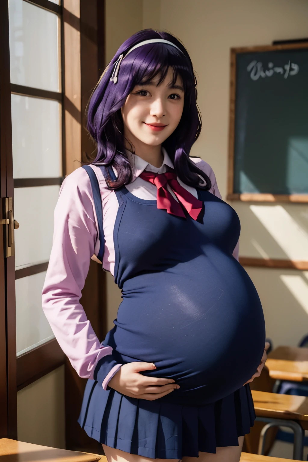 (best quality:1.1), (masterpiece:1.4), (absurdres:1.0), portrait,
1girl,yamanobe tomo, purple hair, red eyes, medium hair, huge breasts, ((huge pregnant)), (school uniform:1.3), blue skirt, hairband, looking at viewer, classroom, (blush:1.1),on d850 film stock photograph 4 kodak portra 400 camera f1.6 lens rich colors hyper realistic lifelike texture dramatic lighting unrealengine trending on artstation cinestill 800 tungsten, smile