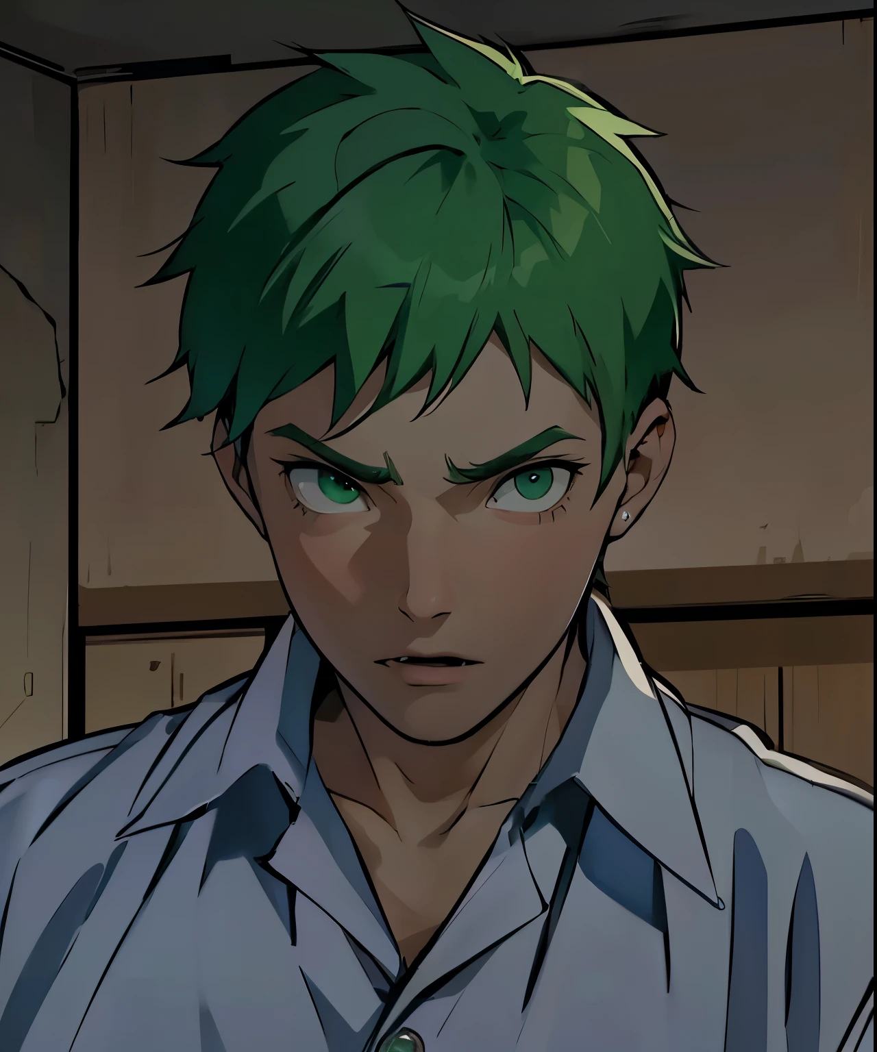 he is afraid he is nervous he speaks with his mouth open a cute young man of green hair and green eyes he speaks with fear you are shy he is scared nervous