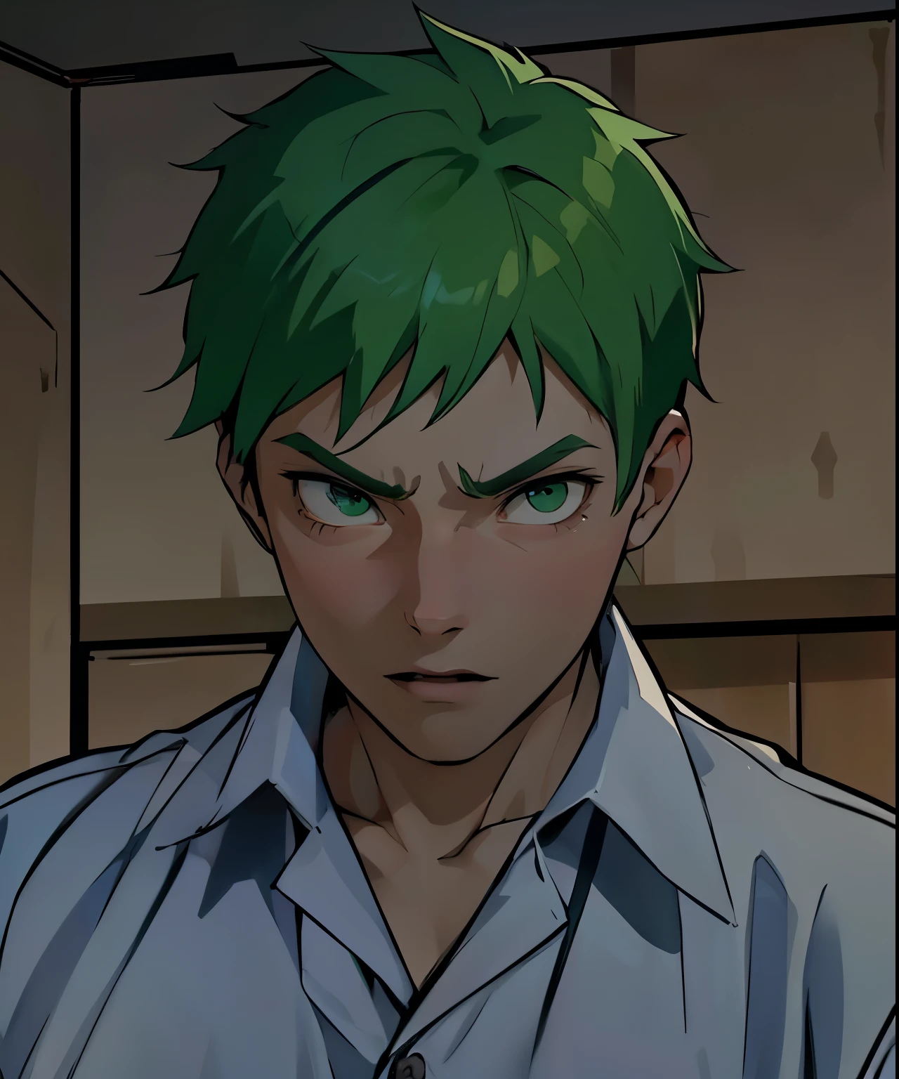 he is afraid he is nervous he speaks with his mouth open a cute young man of 16 years old green hair and green eyes he speaks with fear you are shy he is scared nervous