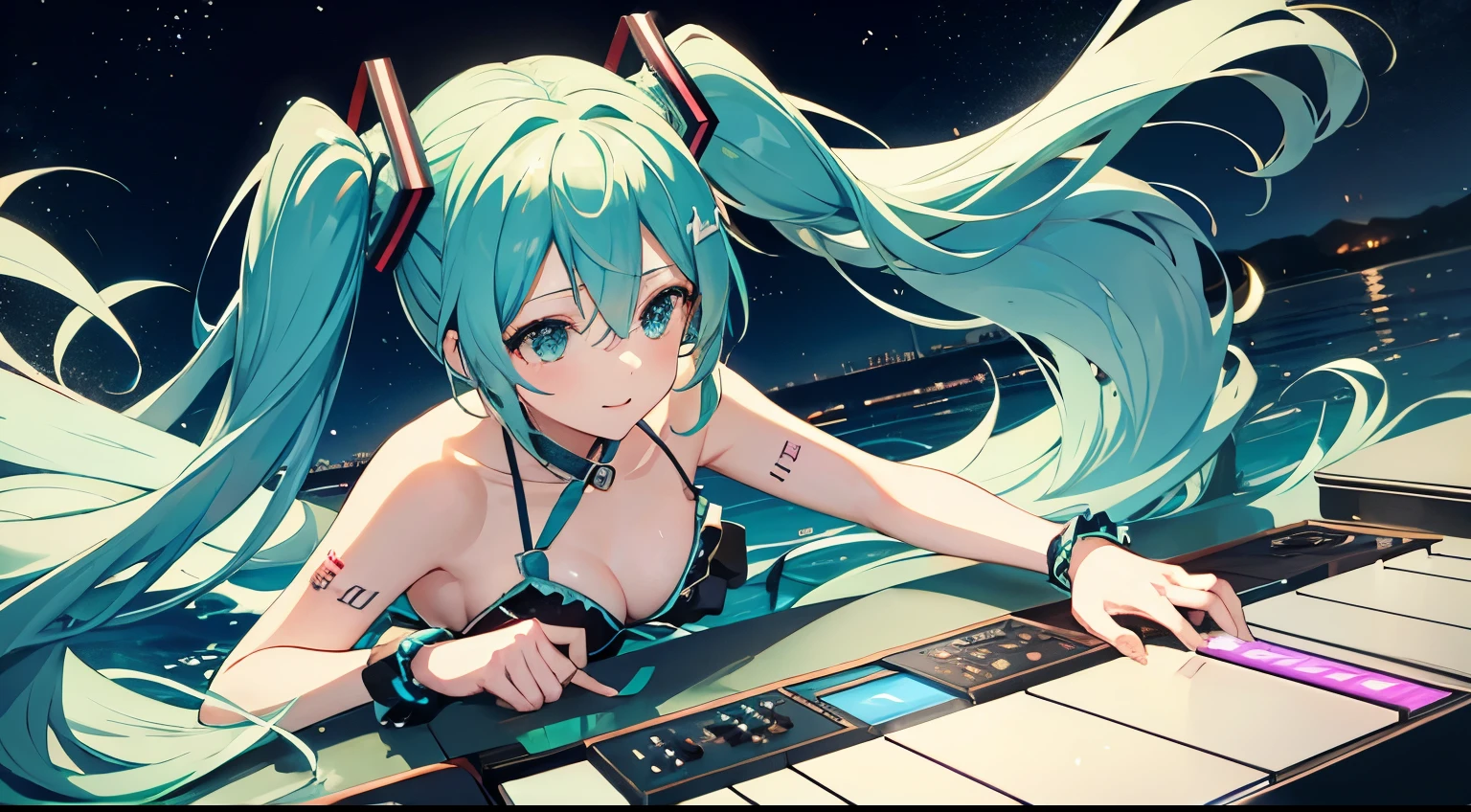 Hatsune Miku in a bikini DJing、Night view stage