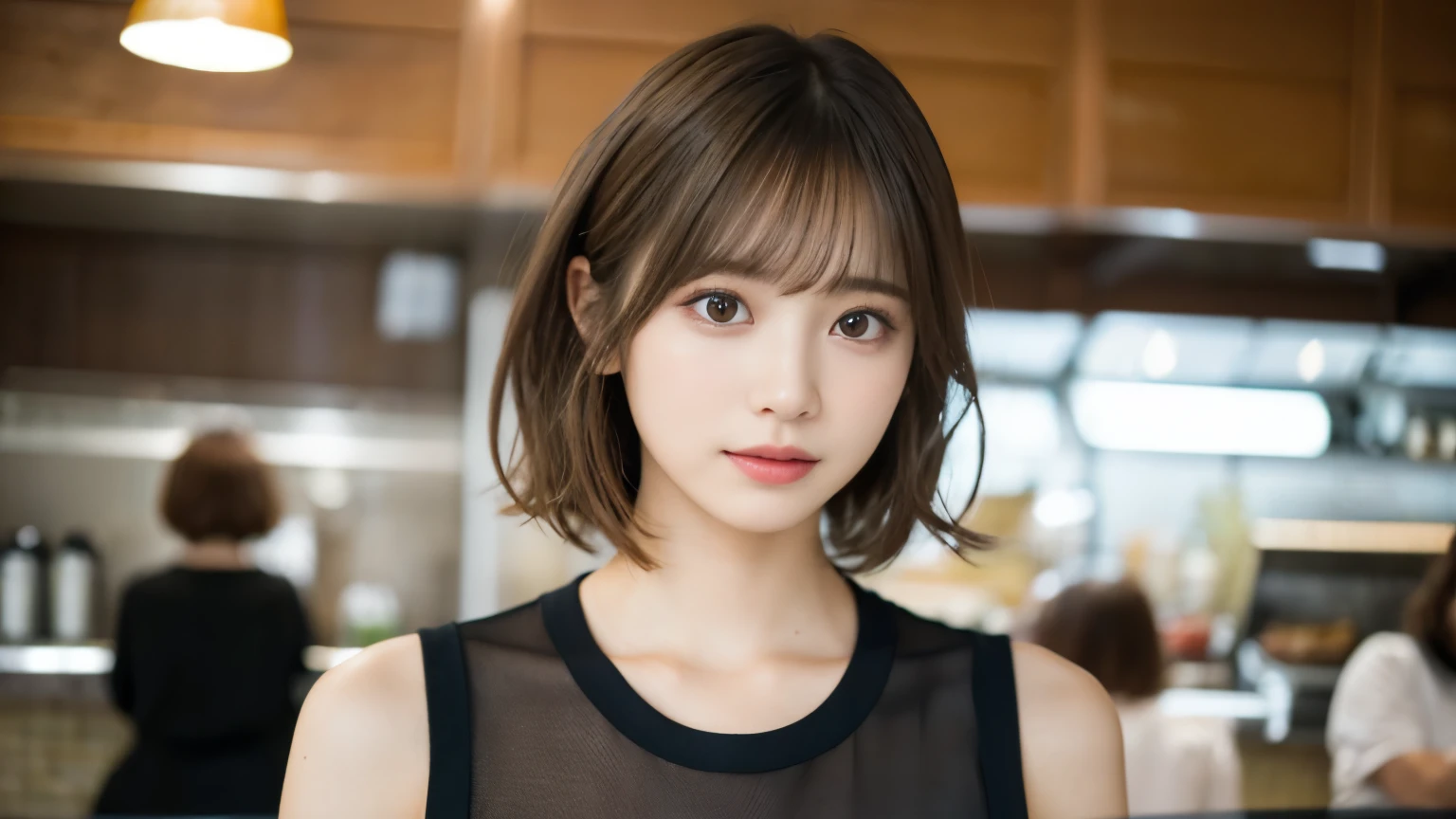 super high quality, Short Hair, Slender, Gravure photoshoot, The staff is working at the counter in the back., (8k、RAW Photos、highest quality、masterpiece:1.2), Japanese Idol, Shaggy, Sportswear, Stylish café, (Realistic、Photorealistic:1.37), Mesh Hair, Normal chest, Urban Cafe, Golden Ratio, Raw photo, Cute face , Light Brown Hair, Bright cafe interior, Blurred Background, Spring Clothes, A sweet expression, Watching the audience, Beautiful hairstyle, 20-year-old, Hair blowing in the wind, Neat clothes, 
