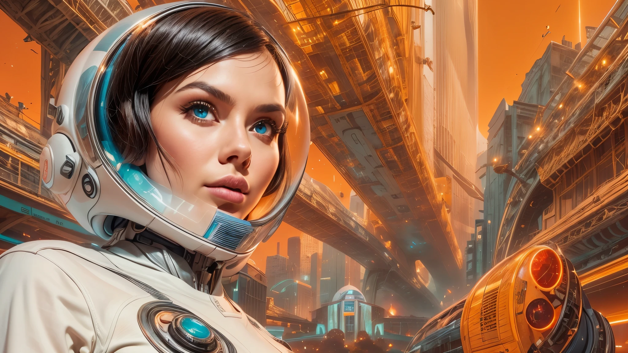 arafed image of a white woman in a futuristic suit with a spaceship in the background, movie art, in front of an orange background, inspired by Robert McGinnis, female protagonist, megastructure in the background, portrait of an ai astronaut, astronauts, an astronaut, portrait of a astronaut skeletor, perfect android girl, detailed eyes, perfectly detailed teeth, frank franzzeta and sakimichan