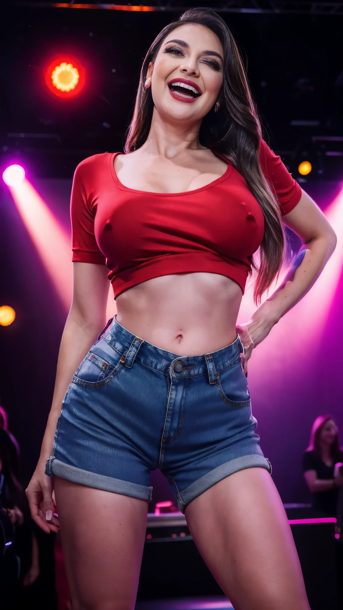 a hot woman, 40 year old, laughing, eyeshadow, eyelash, double eyelid, blush-on, red lips, long and straight hair, (slender body, braless, saggy , model pose, long legs), (casual red tight shirt with u-neck spandex loose short-sleeve), (denim short pant), high heels, stilettos, party a night club, dancing at the dance floor, light beam, stage lighting, neon lighting, fogging, dynamic light, depth of field, dynamic angle, candid, full body.