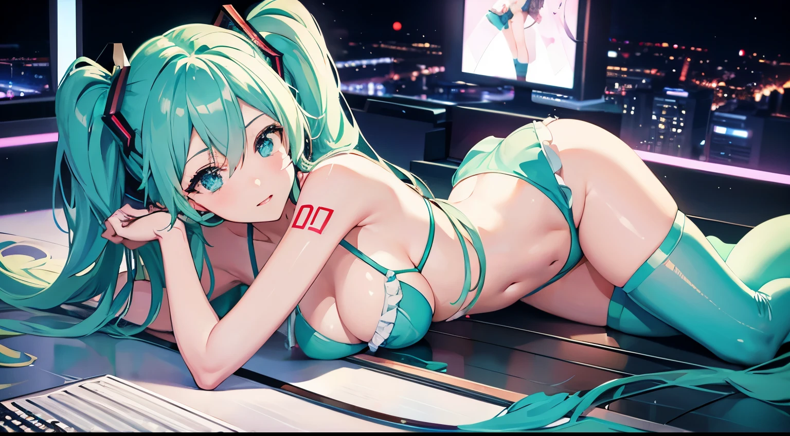 Hatsune Miku in a bikini DJing、Night view stage