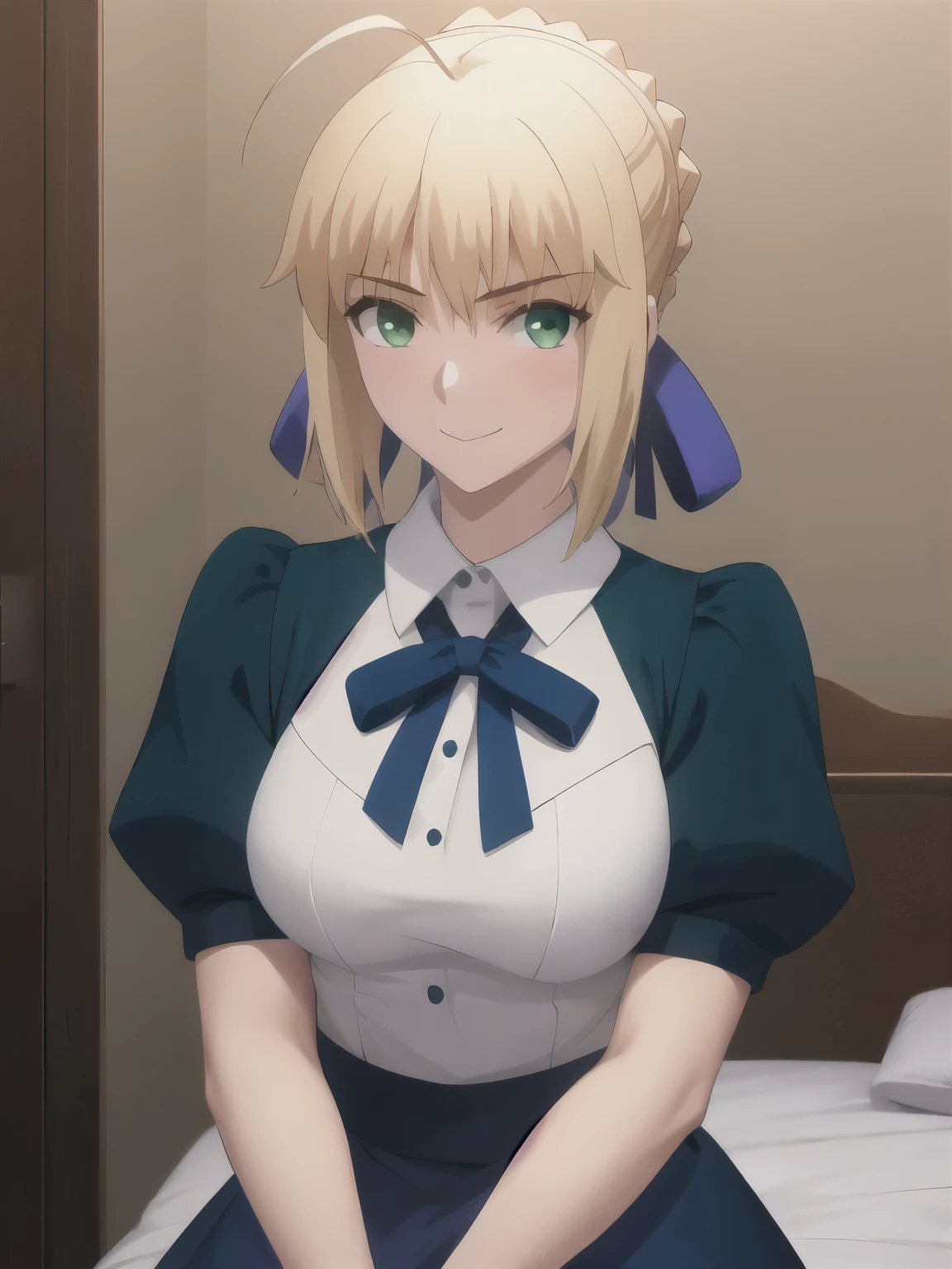 best quality, masterpiece, highres, ray_tracing_graphic, solo, adult_female, {saber_fatestaynightufotable:1.15}, blonde_hair, little_ahoge, green_eyes, blue_ribbon, 1girl, anime_coloring, upper_body, happy, little_smile, five_fingers, blush, white_tanktop, blue_skirt, large_breasts, from_the_side, in_the_living_room, sixpack_abs