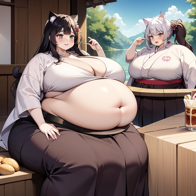 （masterpiece、best quality、Super quality、Perfect anatomical structure、detailed、Intricate details、Impeccable attention to detail、Excellent execution、Big breasts beauty、upscale、Perfect craftsmanship、expressive art：1.3），（fat、Chubby、Plum：3.45）， 2 girls， Black hair color, White hair, By Bangs, Wide waist, Wide body,Cat ear，Huge belly，The abdomen is divided into two layers，The belt tightens the belly，sitting in water，The belt tightens the belly，Hip-covering skirt：3），Tight fabric on chest，Chubby，heavy belly，hot spring，Two fat cat women huddled together face to face，sitting in water，Skirt rip，hot spring，eating，hot spring，Tight fabric on chest，kimono，The skirt is tight on the lower abdomen，hot springkimono，kimono，Anime cat girl huge intestines eat a lot of food and intestines on the table - car，swollen stomach