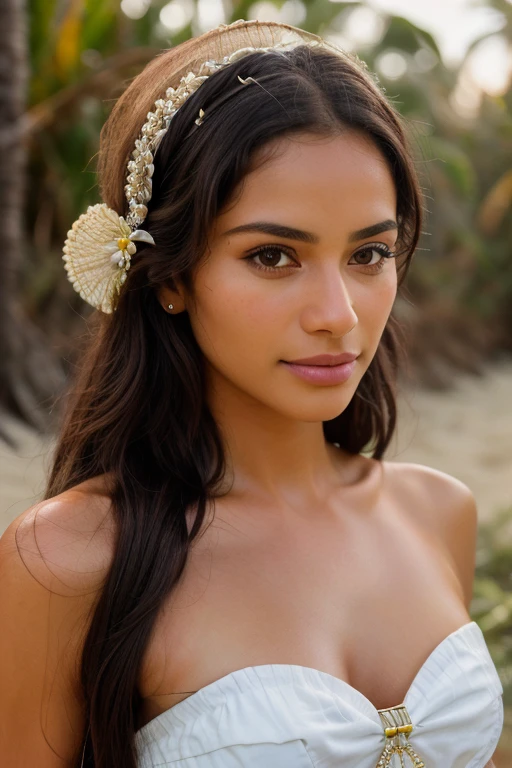 Beautiful Mayan beekeeper in traditional attire, taking a leisurely stroll on the beach, intricately detailed, 30 years old, innocent expression, long wavy hair, brown eyes, high-resolution, masterpiece, best quality, highly detailed, sharp focus, textured skin, realistic skin texture, detailed eyes, professional, 4k, charming smile, captured on Canon, 50 mm, shallow depth of field, Kodak Vision color, exquisitely fitted traditional outfit, extremely detailed, photorealistic, realistic, post-processing, maximum details, roughness, genuine life, ultra-realistic, photorealism, photography, 8k UHD