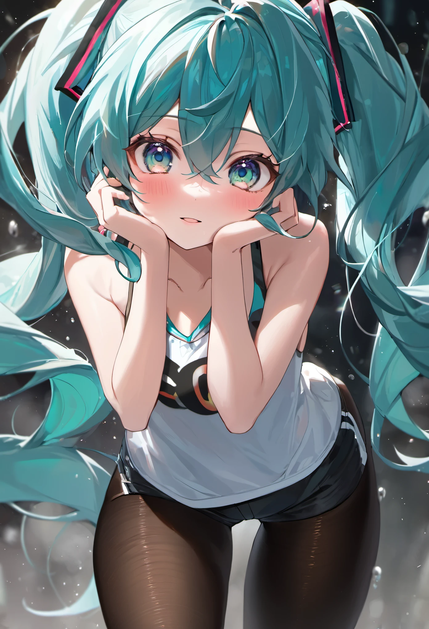 (masterpiece), (highest quality), Very detailed, High resolution, One girl, Focus Only, Skin dents,Sports Bra,Shorts,pantyhose, Perfect Face, Swollen face, Beautiful Face, Big eyes, Puffy eyes, Perfect Eyes, eyelash,Hatsune Miku,Very detailed顔,