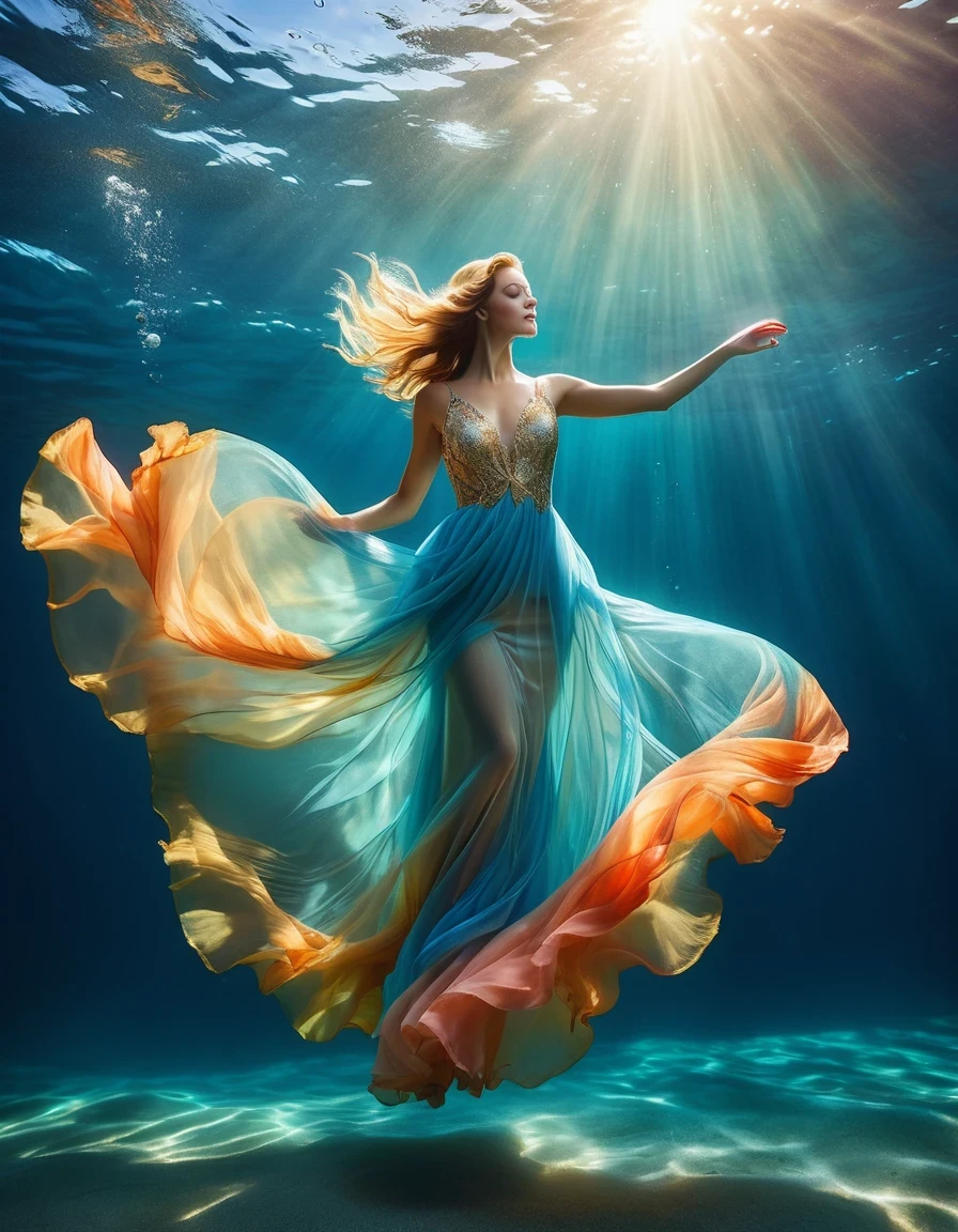 On a sunny day (a charming woman floating in blue seawater wearing a full evening gown), with a bent waist, underwater artistic gymnastics, underwater photography, ethereal atmosphere, elegant underwater lighting, the best quality, high resolution, ultra fine, photo realism: 1.37, Shaw style, Zena Holloway style, vibrant colors in a dreamy palette, soft golden sunlight shining through the water, creating a heavenly light. The ocean surface is sparkling and lush, and the flowing evening gown fabric gracefully flips in the water. The woman's charming gaze, charming and expressive eyes, and flowing long hair gently The ground floats in the water, creating a magical and weightless atmosphere, with subtle hints from marine creatures such as colorful fish or delicate corals, Capturing the tranquility and tranquility suspended in the water, elegance and sophistication intertwined with the natural beauty of the ocean, women exude elegance and confidence, effortlessly blending into the aquatic environment.