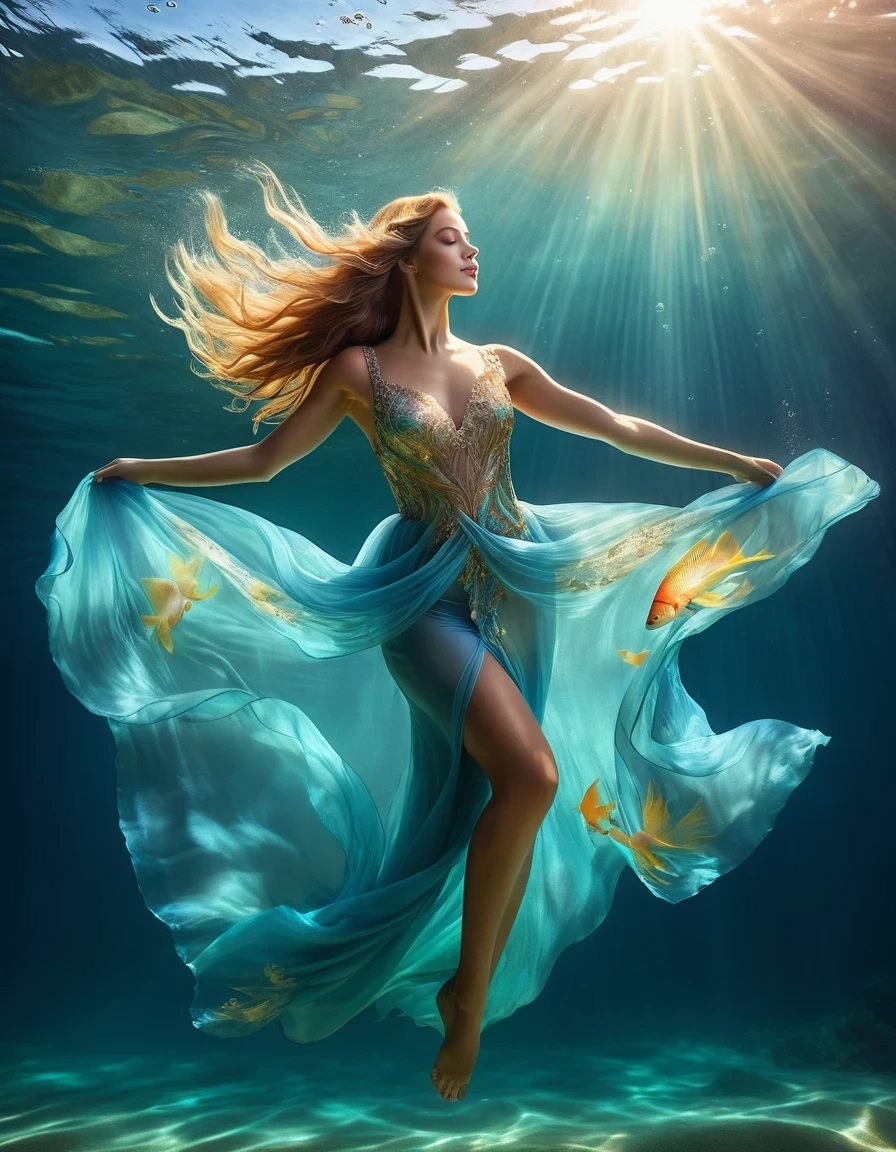 On a sunny day (a charming woman floating in blue seawater wearing a full evening gown), with a bent waist, underwater artistic gymnastics, underwater photography, ethereal atmosphere, elegant underwater lighting, the best quality, high resolution, ultra fine, photo realism: 1.37, Shaw style, Zena Holloway style, vibrant colors in a dreamy palette, soft golden sunlight shining through the water, creating a heavenly light. The ocean surface is sparkling and lush, and the flowing evening gown fabric gracefully flips in the water. The woman's charming gaze, charming and expressive eyes, and flowing long hair gently The ground floats in the water, creating a magical and weightless atmosphere, with subtle hints from marine creatures such as colorful fish or delicate corals, Capturing the tranquility and tranquility suspended in the water, elegance and sophistication intertwined with the natural beauty of the ocean, women exude elegance and confidence, effortlessly blending into the aquatic environment.